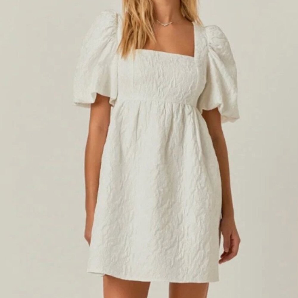 Women’s Small Endless Rose Open Back Floral Jacquard Puff Sleeve Minidress